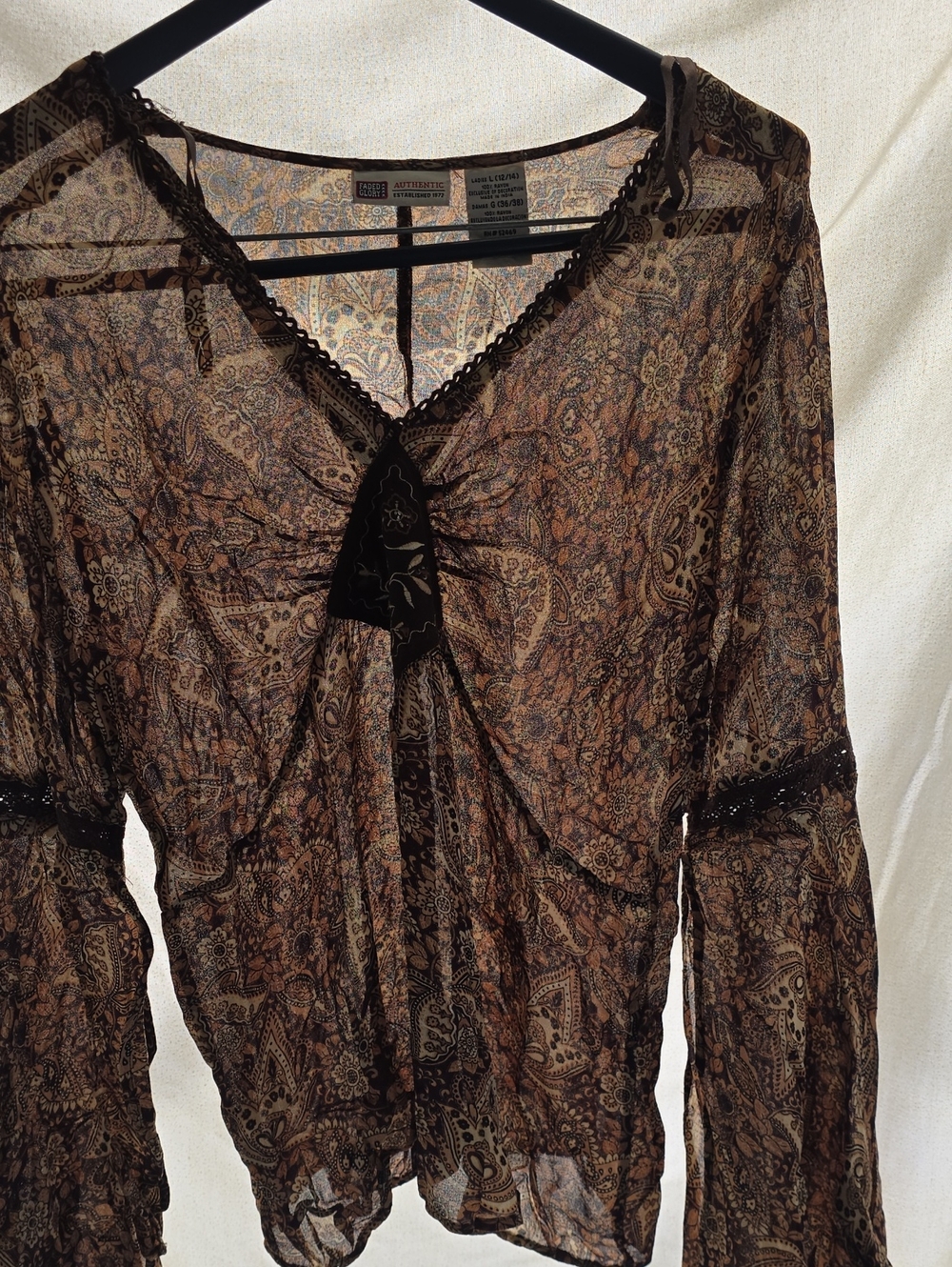 Faded Glory Paisley Sheer V-Neck Blouse in Brown and Cream